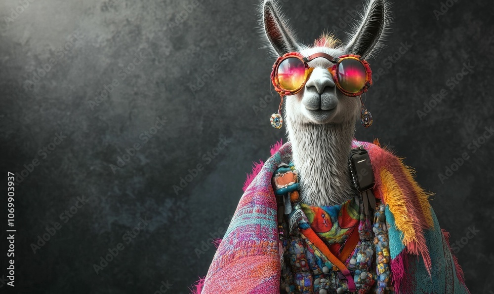 Obraz premium A llama wearing sunglasses, jewelry, and a colorful shawl.