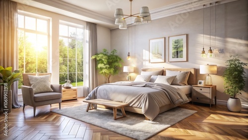 Bright and Serene Bedroom with Spacious Bed, Soft Linens, and Large Windows Bathed in Afternoon Light, Creating a Tranquil and Inviting Atmosphere for Restful Living