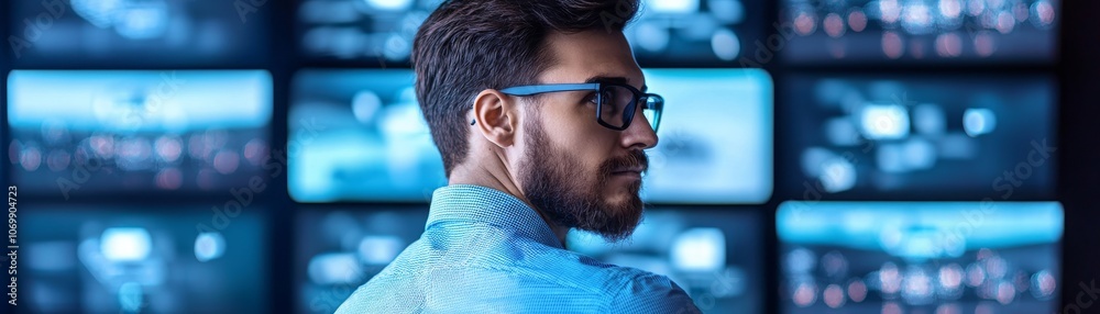 A security officer monitors multiple CCTV cameras in a modern, high-tech workspace. The professional environment emphasizes vigilance and digital surveillance. A security officer monitors multiple CCTV cameras in a modern, high-tech workspace. The professional environment emphasizes vigilance and digital surveillance.