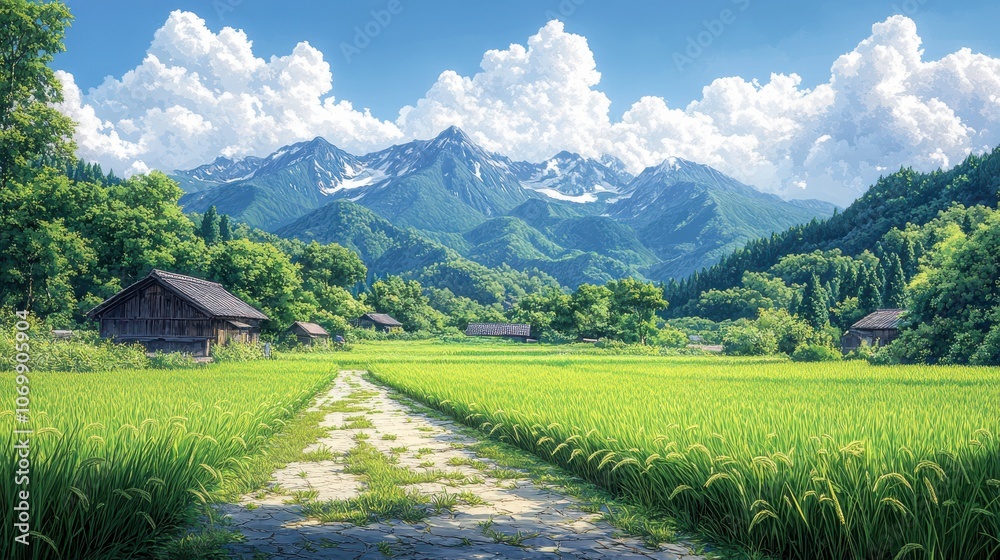 Fototapeta premium Vibrant Hand-Drawn Rice Paddy with Mountain Backdrop