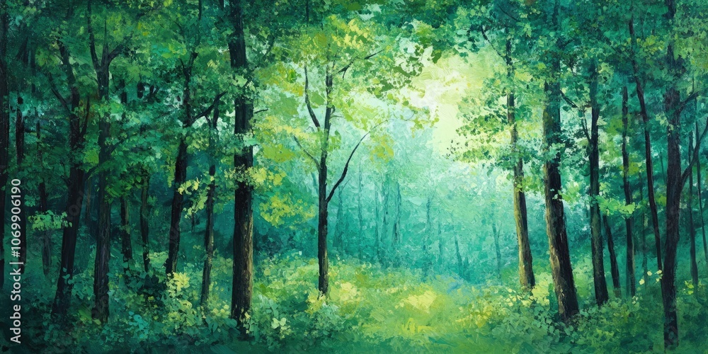 Obraz premium Tranquil forest landscape featuring vibrant green leaves, ideal for creating soothing natural backdrops and peaceful settings promotes a calm atmosphere in any space.