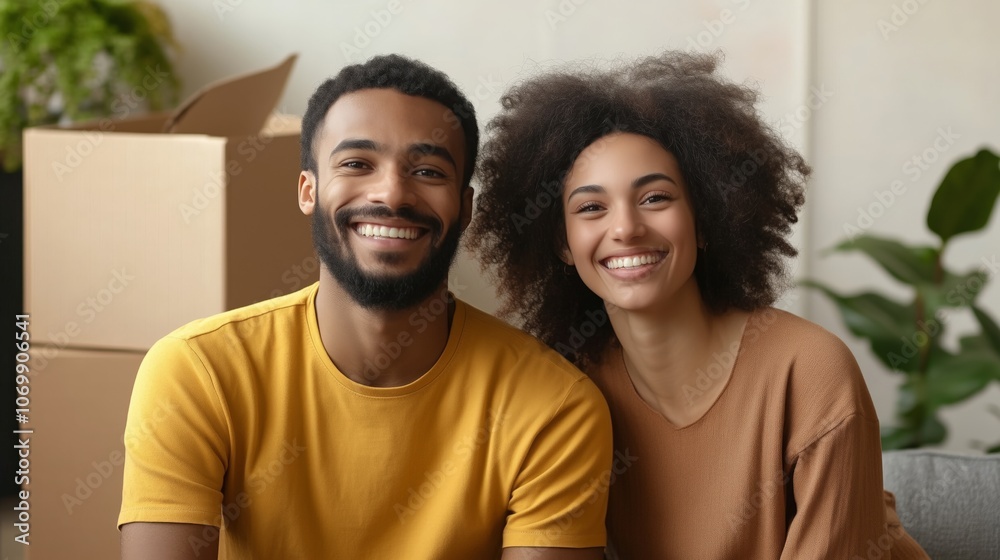 Smiling young couple surrounded by moving boxes, celebrating their fresh start in a bright new apartment. AI generated Smiling young couple surrounded by moving boxes, celebrating their fresh start in a bright new apartment. AI generated