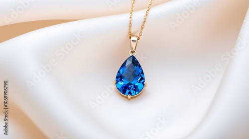 Deep Blue Sapphire Pear Pendant on Silk