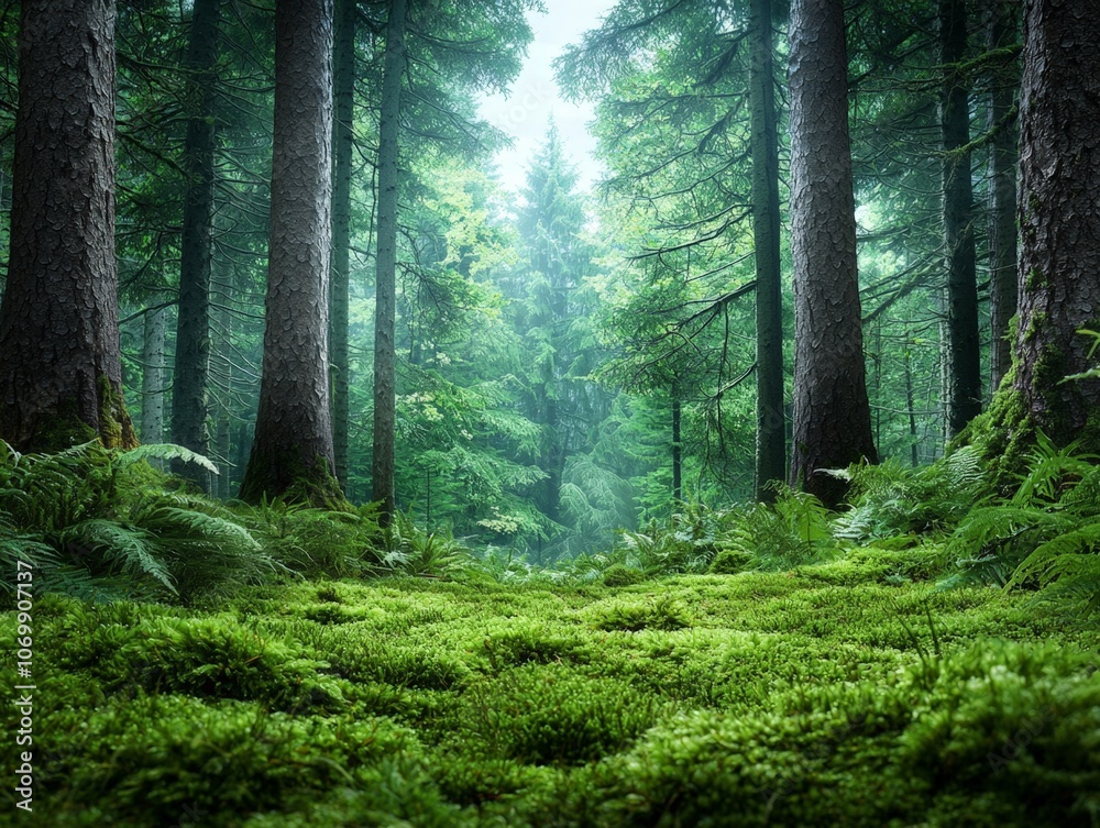 Lush Green Moss on Forest Floor with Rising Spores Lush Green Moss on Forest Floor with Rising Spores