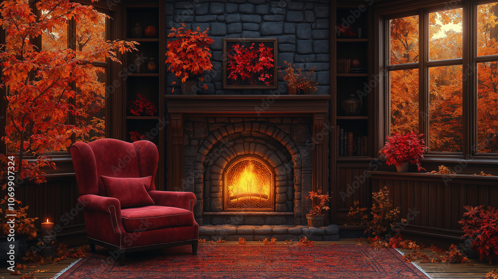 Fototapeta premium a cozy armchair by the fireplace, autumn decor, muted cyberpunk neo-noir style
