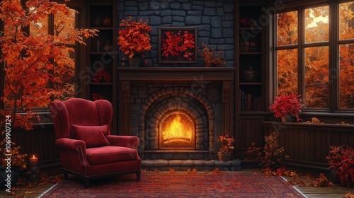 a cozy armchair by the fireplace, autumn decor, muted cyberpunk neo-noir style