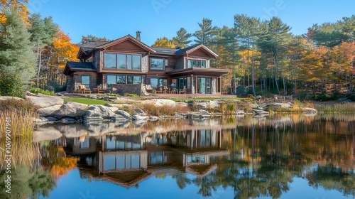 Modern lakefront house with a large deck and a reflection in the water on a sunny autumn day.