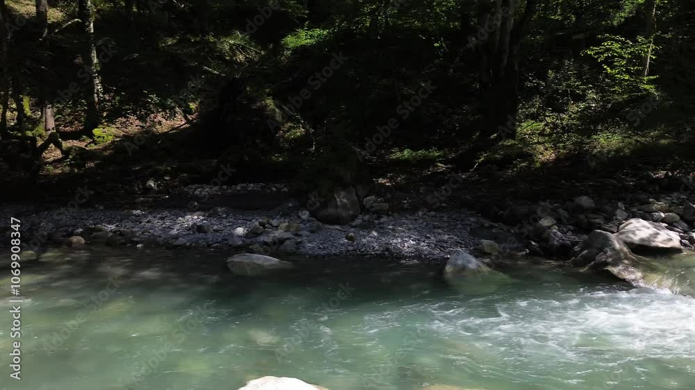 Drone fly along Turquoise Mountain River surrounded by Forest Drone fly along Turquoise Mountain River surrounded by Forest