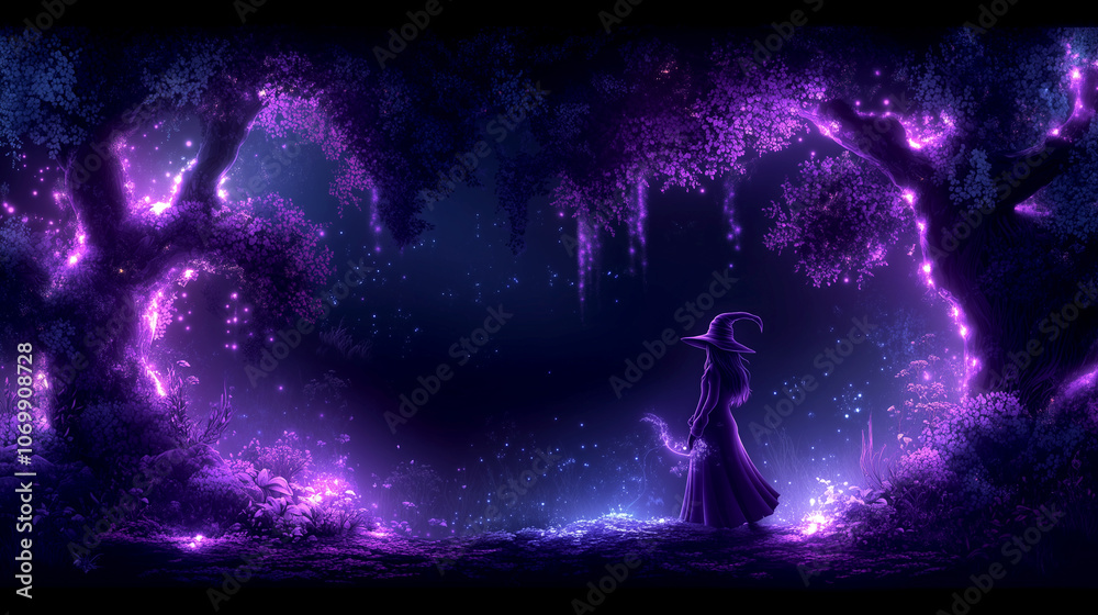 A woman stands in a forest with purple trees and glowing lights. Scene is mysterious and enchanting