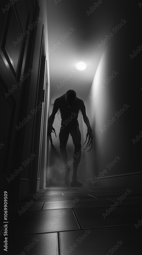 corridor of apartament. Lights out. A huge creep horror figure with tentacles walks glued desgusting on the wall on side shrouded in black smoke and shadows corridor of apartament. Lights out. A huge creep horror figure with tentacles walks glued desgusting on the wall on side shrouded in black smoke and shadows