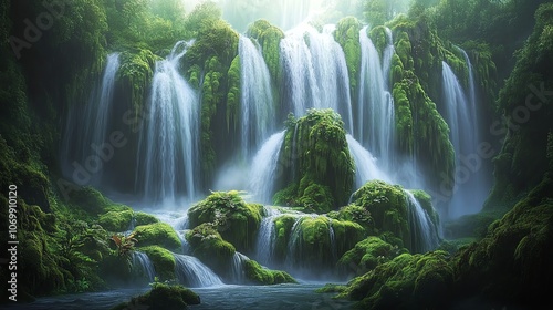 A powerful waterfall cascading over mossy rocks in an enchanted jungle