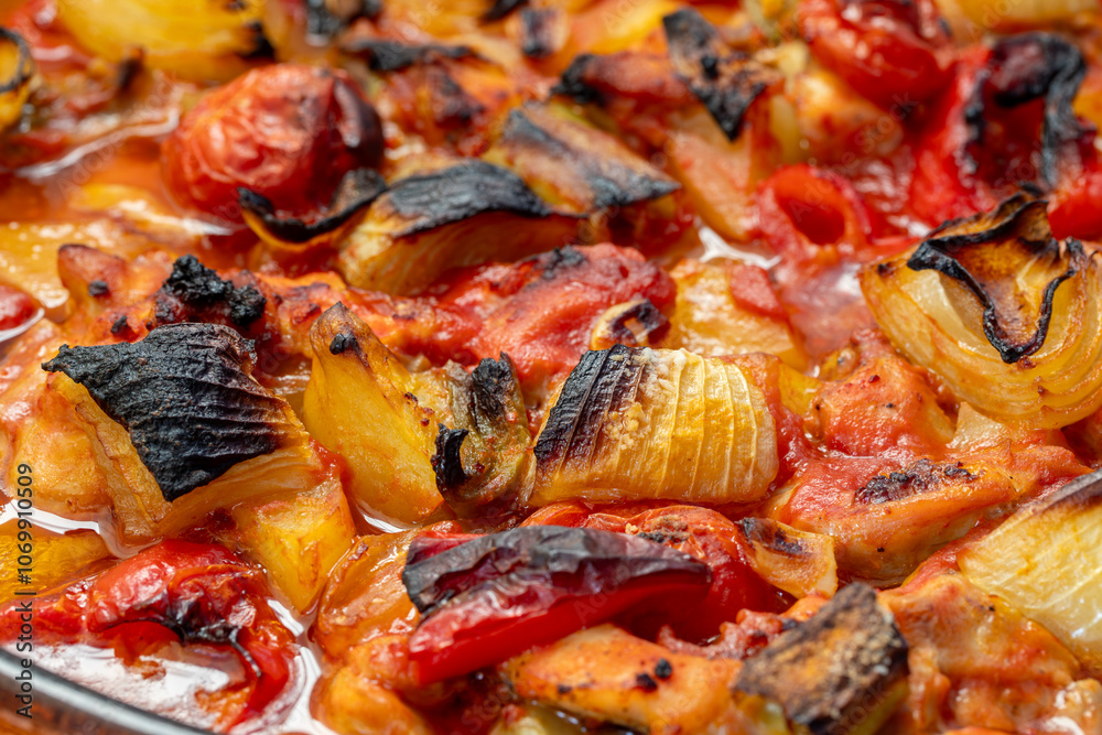 Traditional delicious Turkish dishes; potato, tomato, pepper, garlic and meat dish (Turkish name; Fırında tas kebabı,)