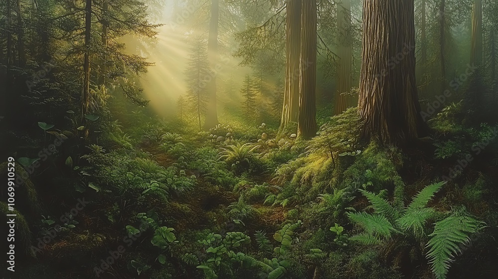 Obraz premium A towering redwood forest shrouded in mist