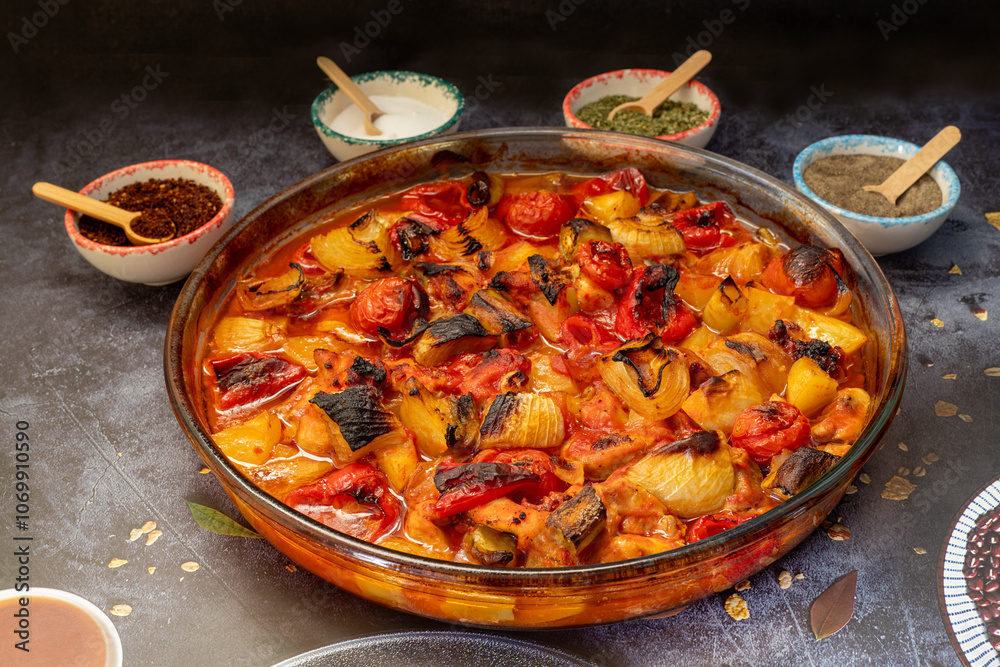 Traditional delicious Turkish dishes; potato, tomato, pepper, garlic and meat dish (Turkish name; Fırında tas kebabı,)