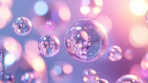 Floating bubbles with pink and blue hues, dreamy bokeh.