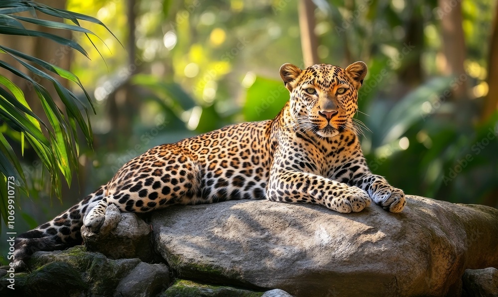 Leopard resting on a rock in a jungle. Leopard resting on a rock in a jungle.