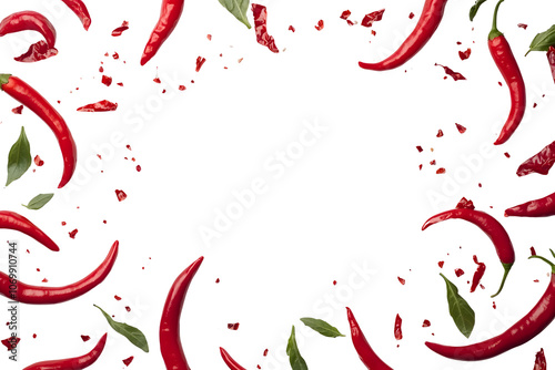 Red chilli pepers on a white and transparent background. 