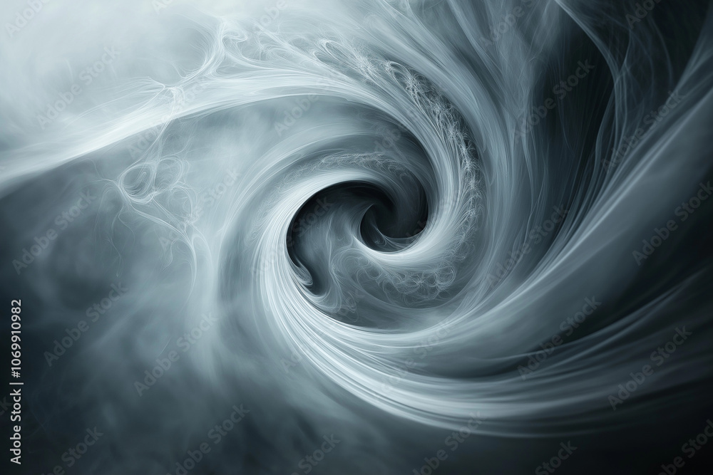 Obraz premium A swirling vortex of silver smoke, spirals toward the center of the composition, with a dark, matte background