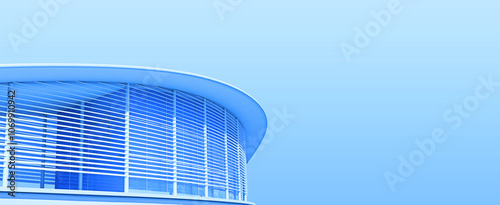 blue-toned image of a modern building with a curved glass facade. The building is set against a clear blue sky, creating a minimalist and contemporary aesthetic. 3d rendering