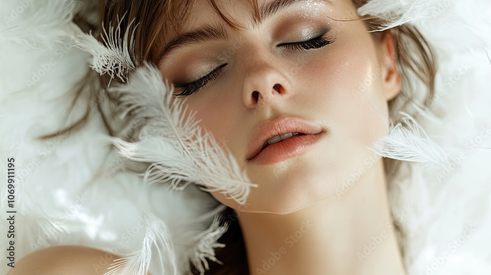 Ethereal makeup on a woman, enhanced with delicate feathers, creates a dreamy and artistic look. This ethereal makeup style beautifully highlights the subjects features, offering ample copy space. Ethereal makeup on a woman, enhanced with delicate feathers, creates a dreamy and artistic look. This ethereal makeup style beautifully highlights the subjects features, offering ample copy space.