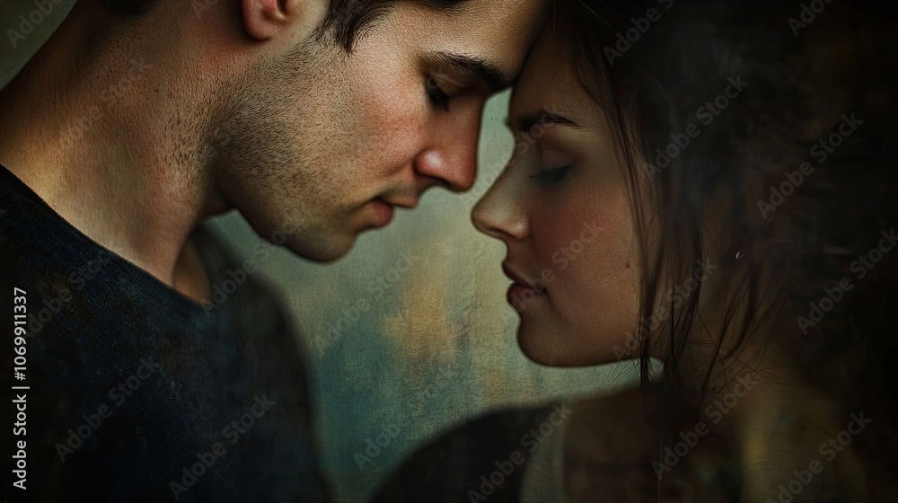 An intimate close-up of a couple in love, capturing the essence of their connection and emotions. The photograph offers a romantic ambiance with ample copy space. An intimate close-up of a couple in love, capturing the essence of their connection and emotions. The photograph offers a romantic ambiance with ample copy space.