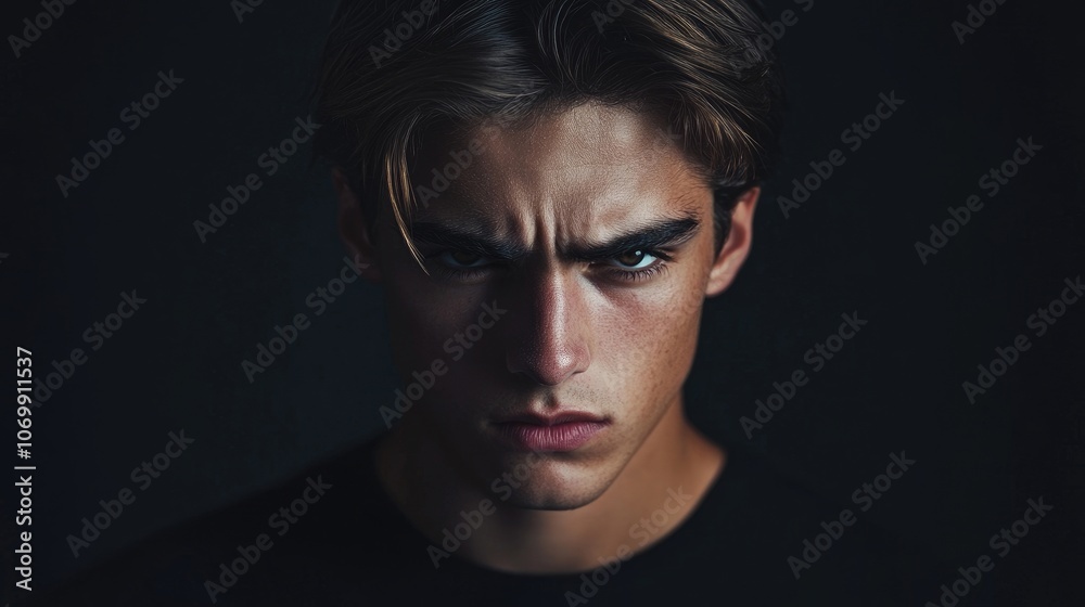 Portrait of a serious young man captured in a dark setting, emphasizing his intense expression. Ideal for designs needing a serious young man theme with ample copy space. Portrait of a serious young man captured in a dark setting, emphasizing his intense expression. Ideal for designs needing a serious young man theme with ample copy space.
