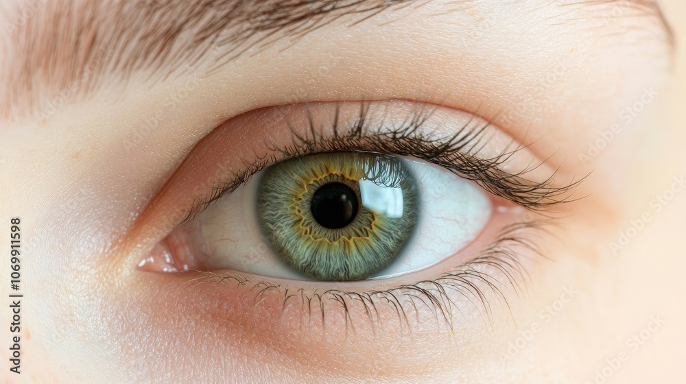 Obraz premium Caucasian human eye captures intricate details with a focus on the iris and pupil, providing ample copy space for text integration and creative use.