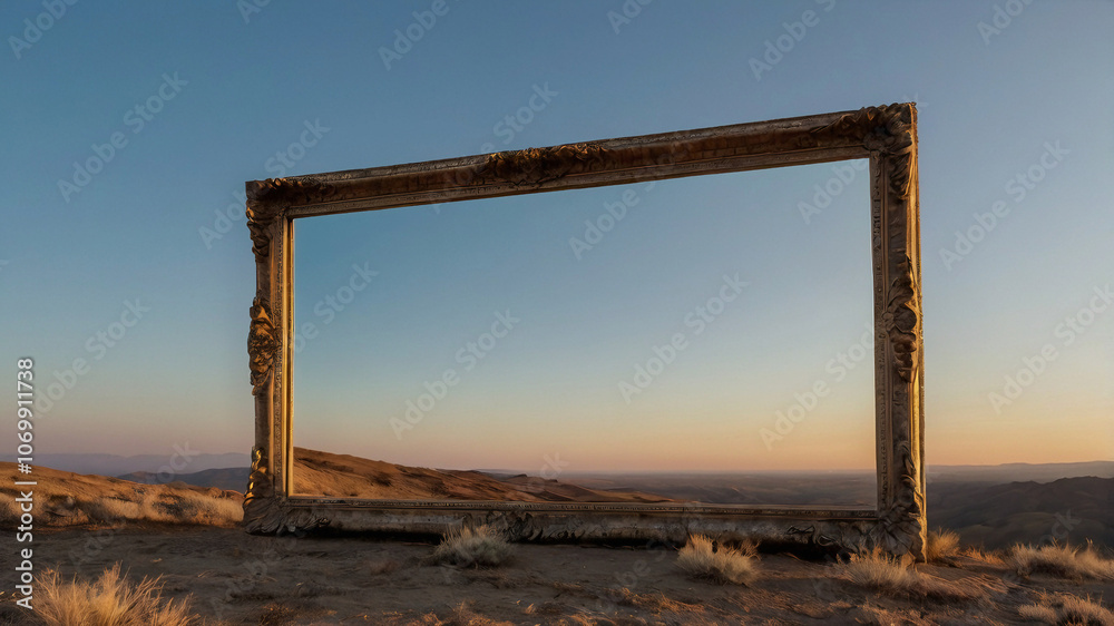 Sunset Framed by an Ornate Picture Frame in a Desert Setting Sunset Framed by an Ornate Picture Frame in a Desert Setting
