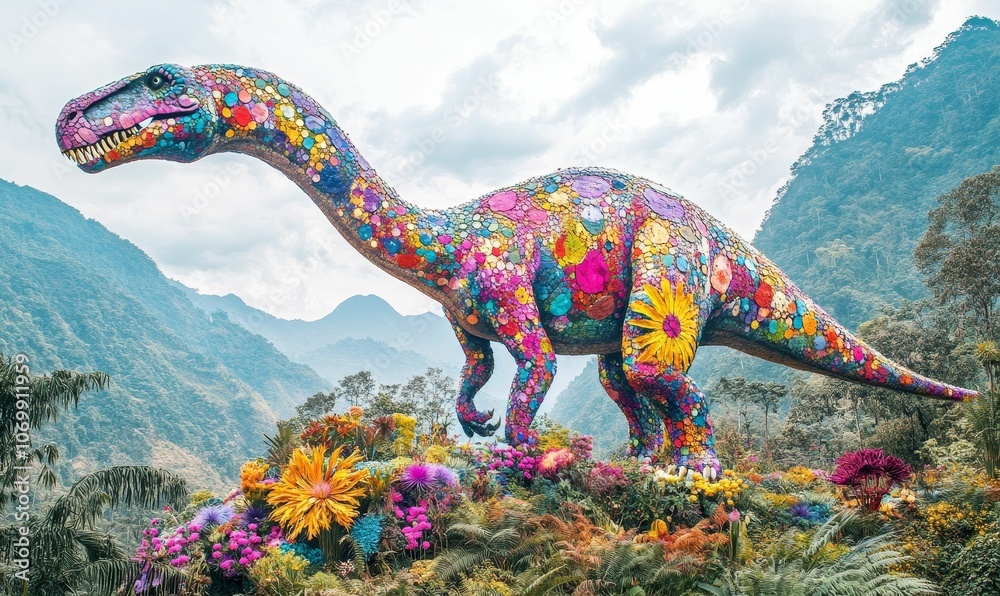 Obraz premium Colorful dinosaur statue amidst blooming flowers.
