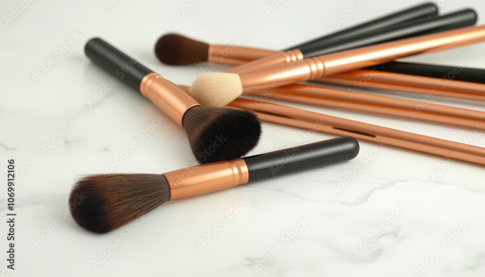 Artfully arranged set of makeup brushes with sleek rose gold ferrules, fanning out elegantly on Artfully arranged set of makeup brushes with sleek rose gold ferrules, fanning out elegantly on