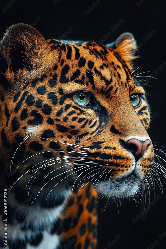 A close up of a jaguar's face with a black background A close up of a jaguar's face with a black background