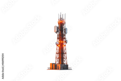 tall telecommunications tower with antennas and lights, surrounded by equipment. structure is illuminated, showcasing its importance in communication technology
