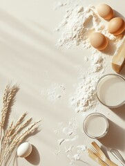 Empty space baking background with bakery ingredients. flour milk eggs rolling pin Simple pastry baking flat lay top view border : Generative AI