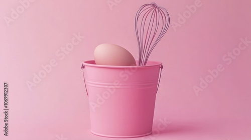 Egg in a pink bucket on a pink background with a whisk