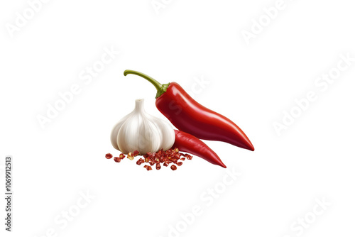 Fresh red chili peppers and garlic cloves with dried chili flakes create vibrant and spicy culinary scene. Perfect for adding flavor to various dishes
