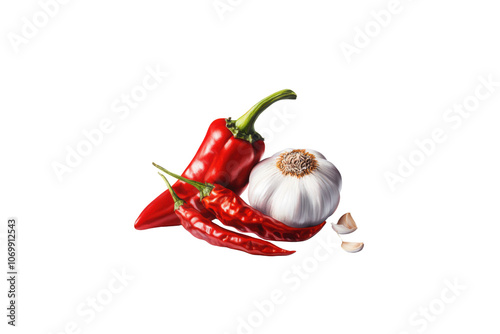 Fresh red chili peppers and garlic cloves arranged together, showcasing vibrant colors and textures, perfect for culinary themes