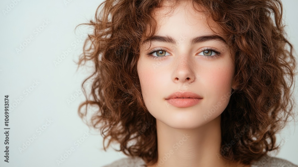 Beauty portrait of a young woman with curly hair, captured against a white background, emphasizes her natural charm and elegance, providing ample copy space for creative use. Beauty portrait of a young woman with curly hair, captured against a white background, emphasizes her natural charm and elegance, providing ample copy space for creative use.