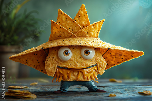 A tortilla chip character wearing a straw hat with a smiley face photo