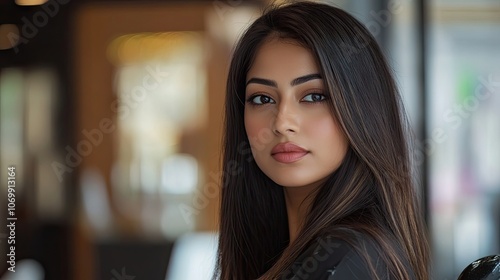 Stylish Indian woman with trendy straight brunette hair and flawless skin, captured in a beauty salon setting. The portrait highlights her cosmetic procedures and offers ample copy space. photo