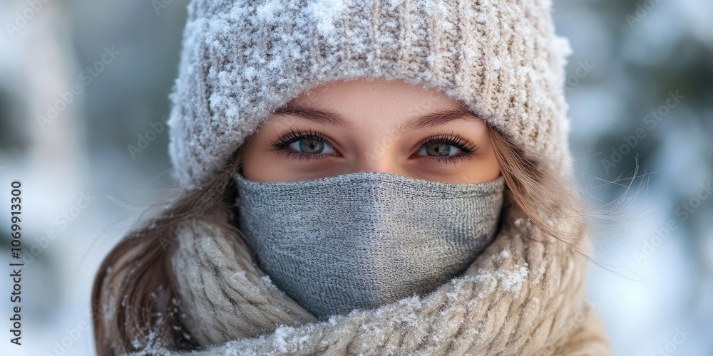 A young lady wearing a protective mask to shield herself from the chilly winter weather. The mask serves to keep her warm while defending against the cold. A young lady wearing a protective mask to shield herself from the chilly winter weather. The mask serves to keep her warm while defending against the cold.