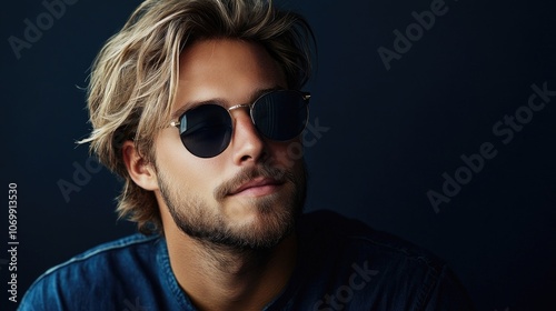 Portrait of a handsome young man with stylish hair and beard, wearing sunglasses, exuding confidence and charm. Ideal for lifestyle themes, with copy space for text.