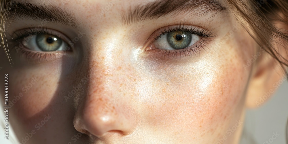 Obraz premium A close up view of a Caucasian woman with pale skin on her face, highlighting her light complexion in detail.
