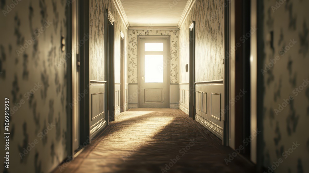 A serene hallway illuminated by natural light, showcasing vintage wallpaper and a warm atmosphere. A serene hallway illuminated by natural light, showcasing vintage wallpaper and a warm atmosphere.