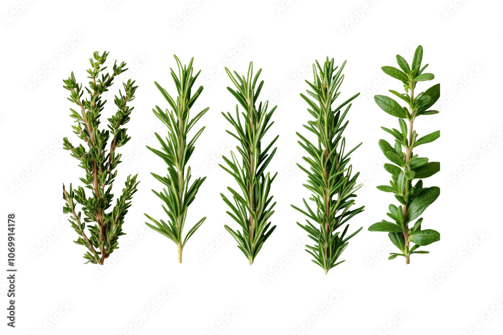 Fresh herbs including rosemary and thyme arranged in row, showcasing their vibrant green colors and textures, perfect for culinary use Fresh herbs including rosemary and thyme arranged in row, showcasing their vibrant green colors and textures, perfect for culinary use