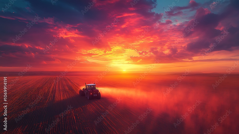 Fototapeta premium Tractor cultivates field under vibrant sunset sky