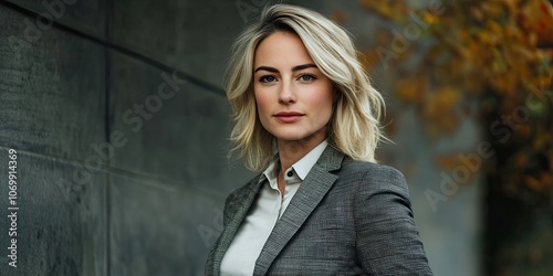 Businesswoman with blonde hair dressed in a contemporary, stylish suit, showcasing a professional and modern appearance in her attire. photo