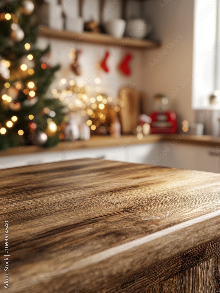 Obraz premium Festive kitchen countertop with wooden surface in focus, blurred background of Christmas decorations, twinkling lights, and cozy holiday ambiance.