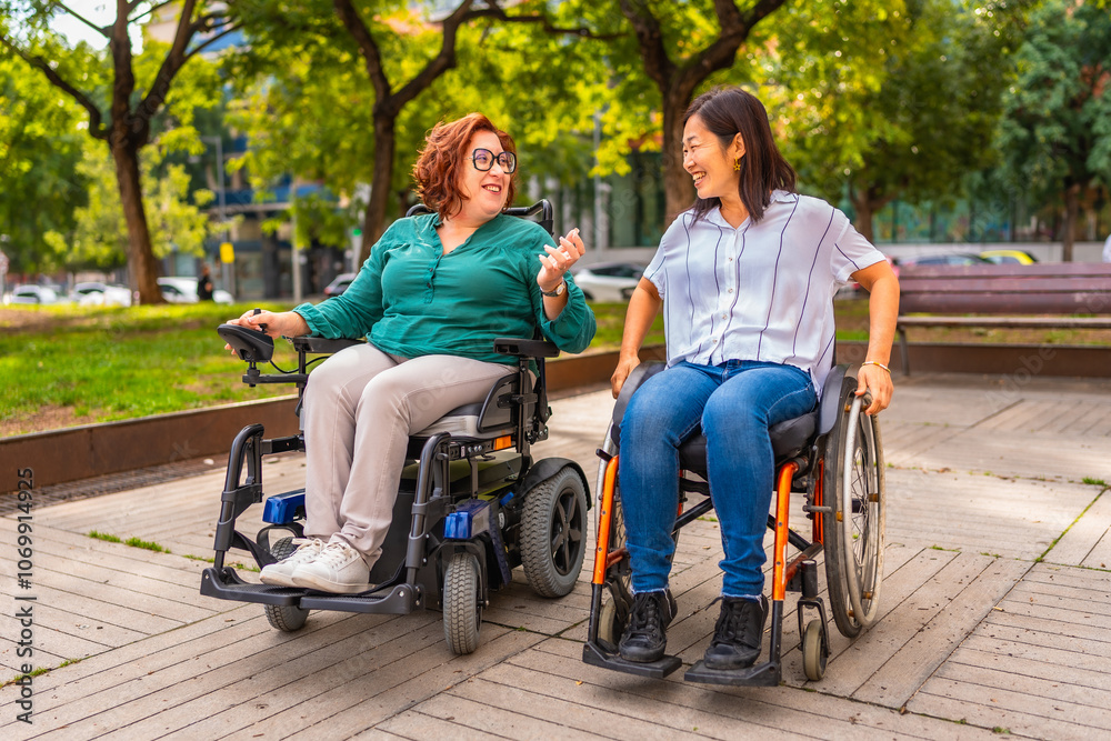 Happy women friends with disability talking in a park Happy women friends with disability talking in a park