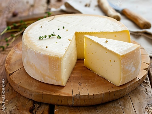 Round French Cheese on Wooden Board: A Delicious Delicacy