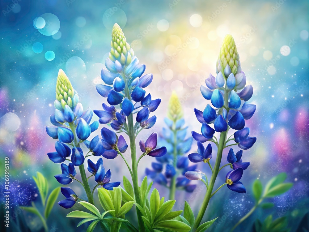 Bluebonnets in Watercolor: Texas Flowers with Bokeh Effect on White Background for Stock Photography